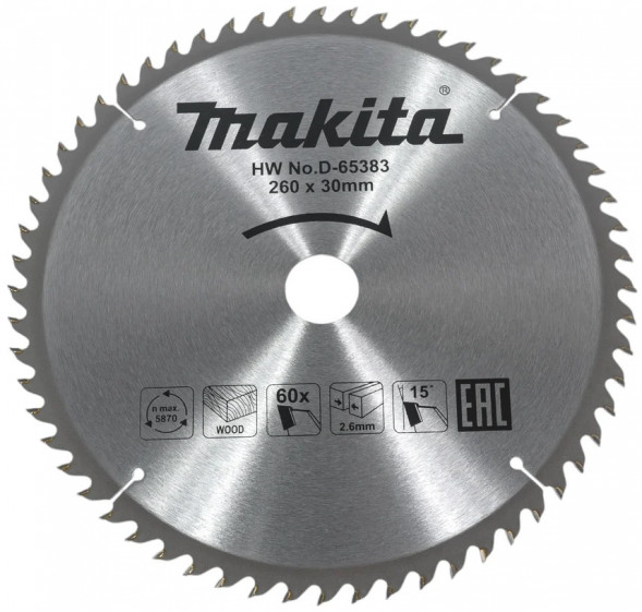 Диск пильный для дерева Makita, 260x30х1,8 60 зубьев (D-65383)