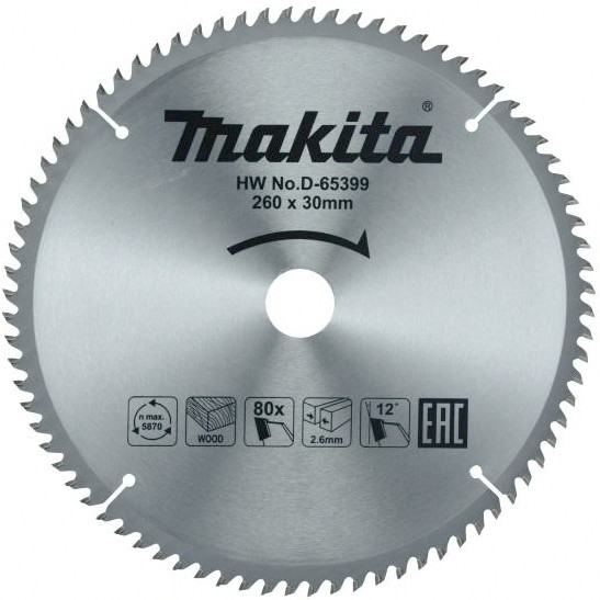 Диск пильный для дерева Makita, 260x30х1,8 80 зубьев (D-65399)