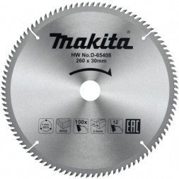 Диск пильный для дерева Makita, 260x30х1,8 100 зубьев (D-65408)