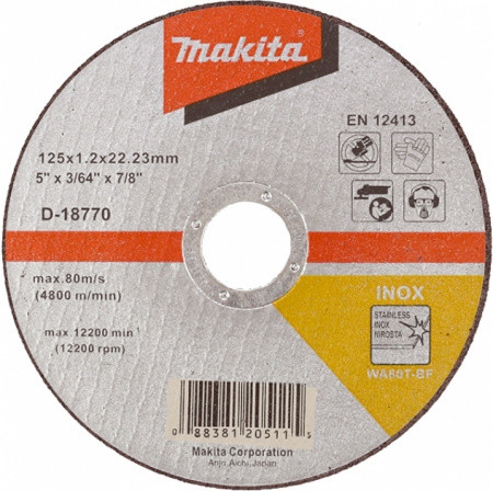 Абразивный отрезной диск по металлу, нерж.стали Makita 125х1,2х22,23, прямой (D-18770)